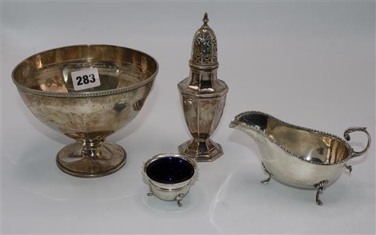 Silver bowl, sauceboat, salt and sugar caster